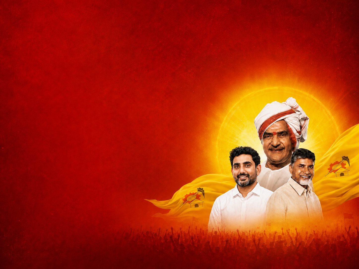 Sri N. T. Rama Rao, Sri N. Chandrababu Naidu and Sri Nara Lokesh before the Telugu Desam Party flag and a rising sun